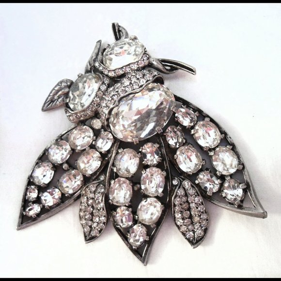 *ULTRA RARE* 1930s Large EISENBERG Vtg BEE Art Deco Double Pin Rhinestone Brooch - Picture 7 of 13